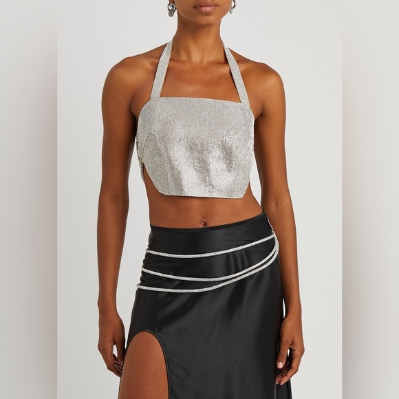 Nue Estelle Top Silver Sequin Halter Top Sz Large - Picture 7 of 10